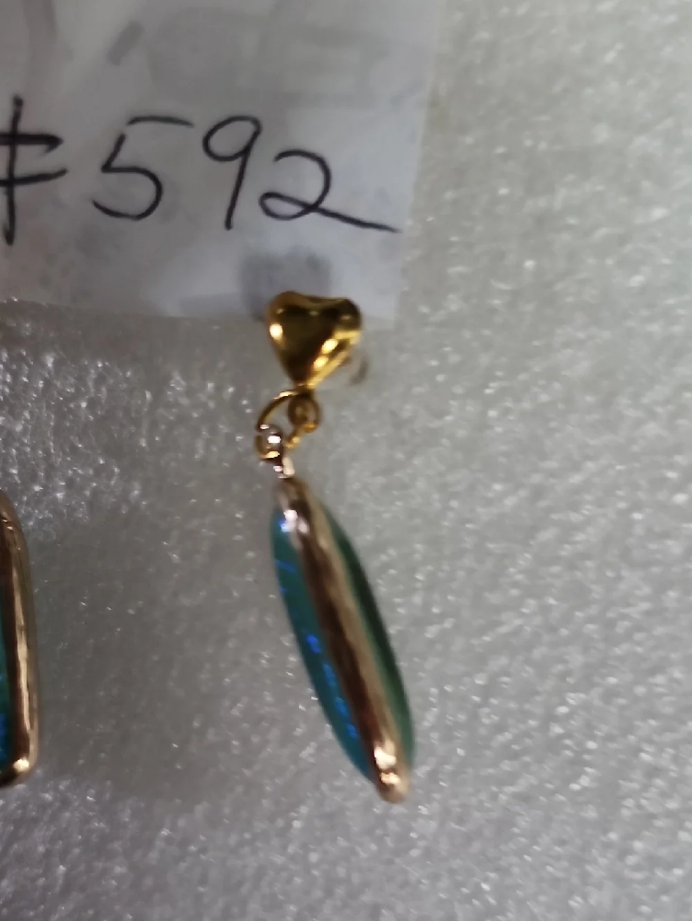 Hand Crafted Gold Heart Dangle Earrings with Blue and Green Opal